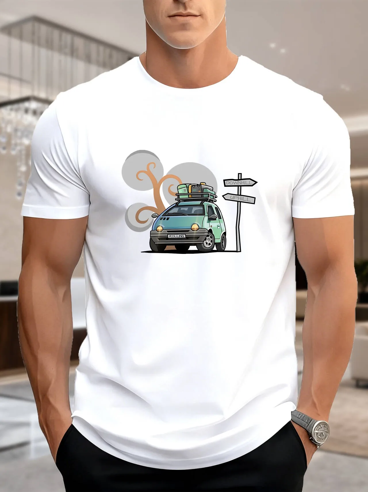 Nowa Kolekcja Męska Koszulka Bawełniana z Nadrukiem Samochodu Oddychająca Wygodna Casualowa Modna Niezbędna na Podróże i Wakacje W