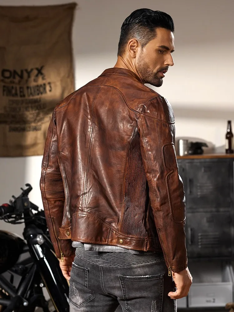 Vintage Mens Luxury Genuine Leather Biker Jacket Stand Collar Zipper Slim Fit Cowhide Outerwear Males Streetwear Short Jackets