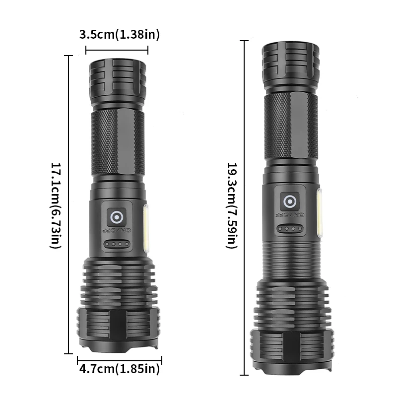 Starke Taschenlampe für den Außenbereich, wasserdicht, Fern-Teleskop-Zoom-Band-Seitenlicht, rot-weiß, Typ-C-USB-Ladeunterstützung, Ausgang