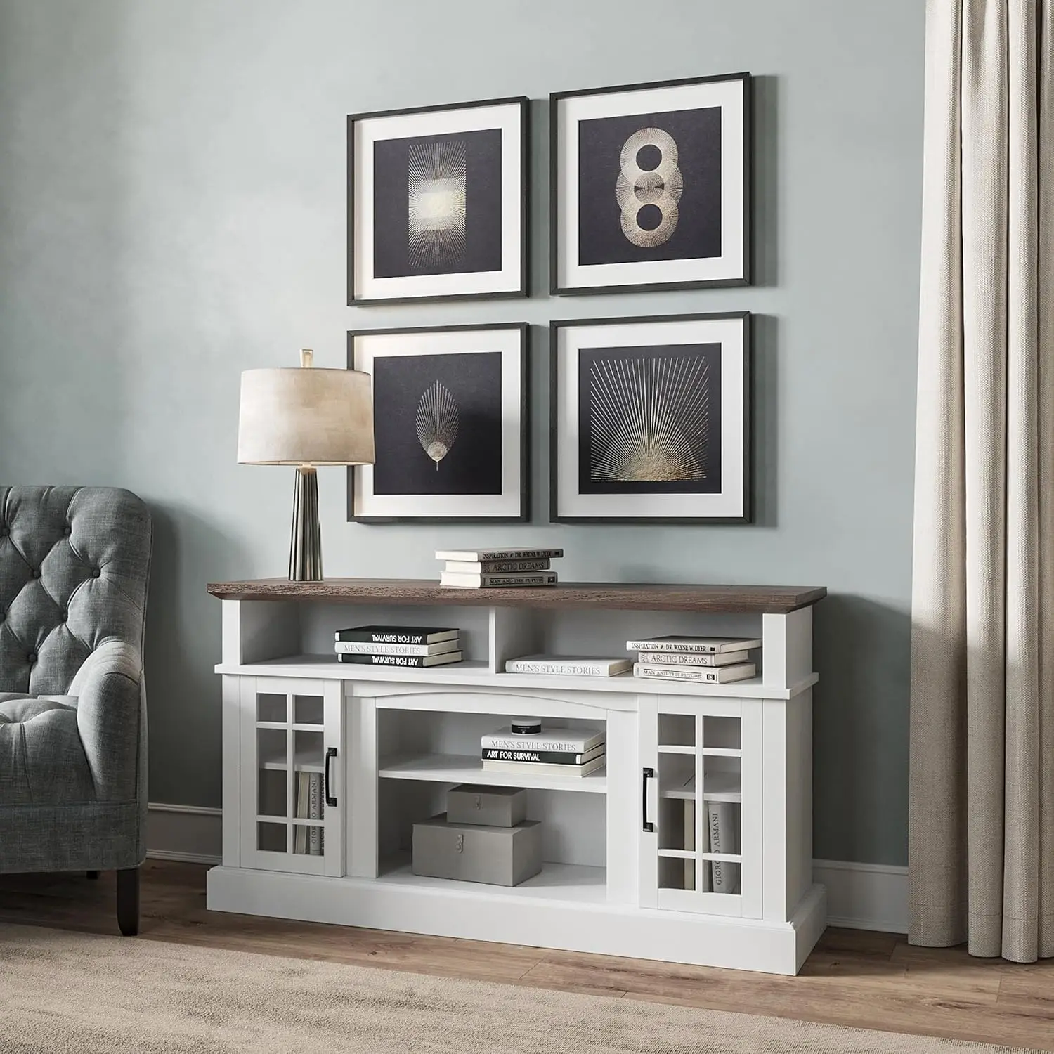 58 Inch TV Stand Entertainment Center Media Console with Open Shelves & Glass Door Cabinets for Living Room, Customized