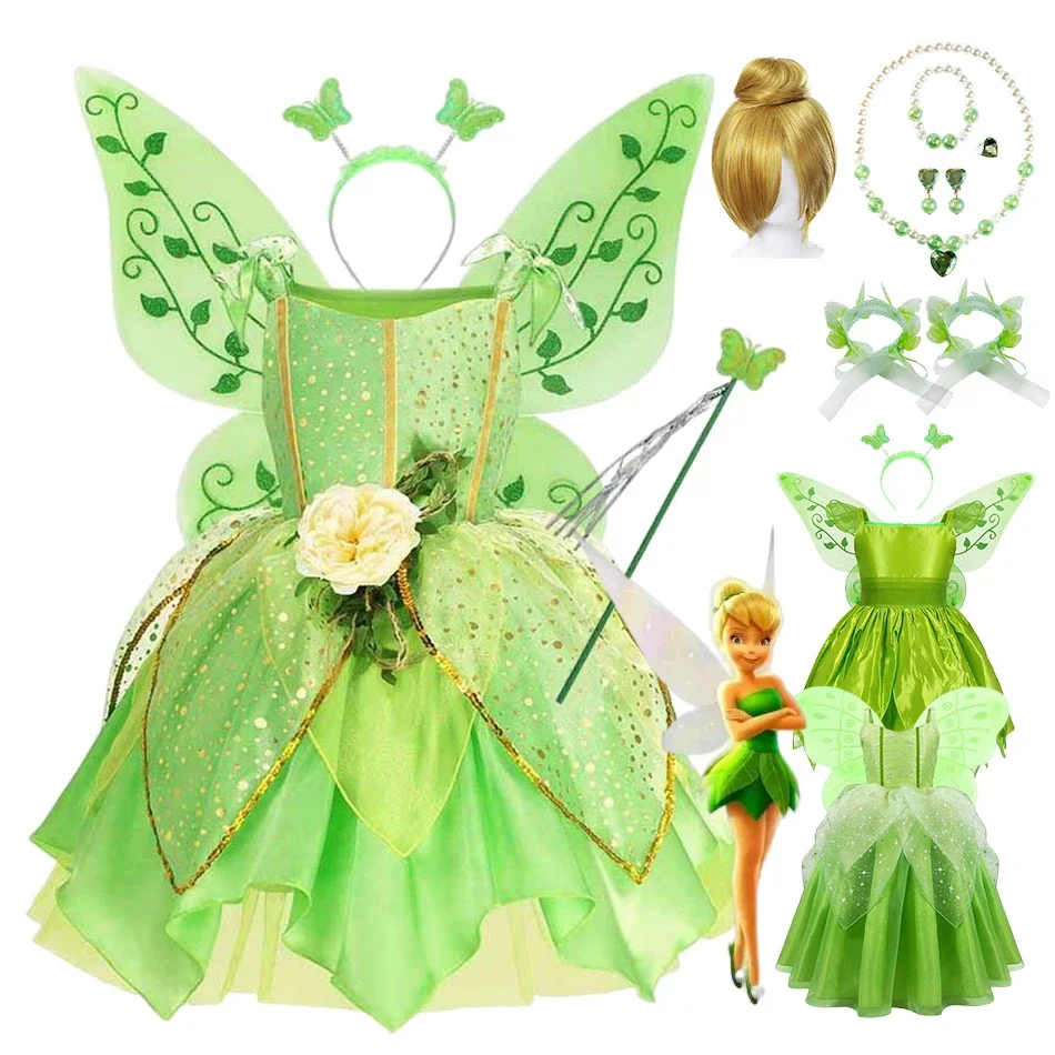 Disney Girls Tinker Bell Costume Kids Green Fairy Princess Tinkerbell Fancy Dress Birthday Party Halloween Cosplay Outfits 2-10Y