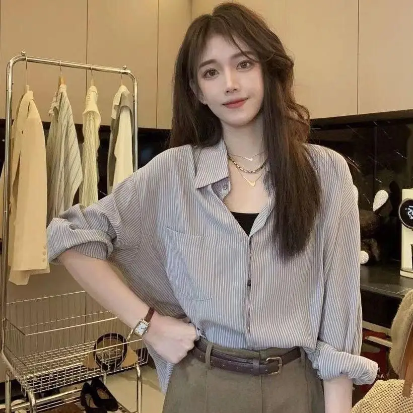 Hong Kong Style Chic Striped Shirt Women Polo Collar Long Sleeve Spring and Summer Korean Loose Versatile Sun Protection Top