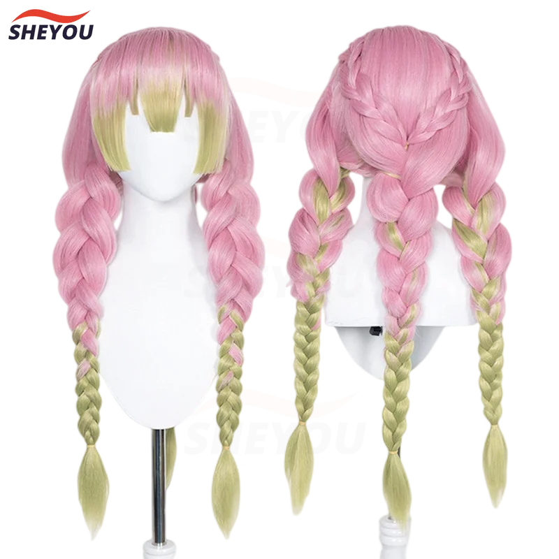 Mitsuri Kanroji Anime Cosplay Peruca, Rosa Longo, Trança Verde, Cabelo Resistente ao Calor, Perucas Cosplay Autênticas, Cap Peruca