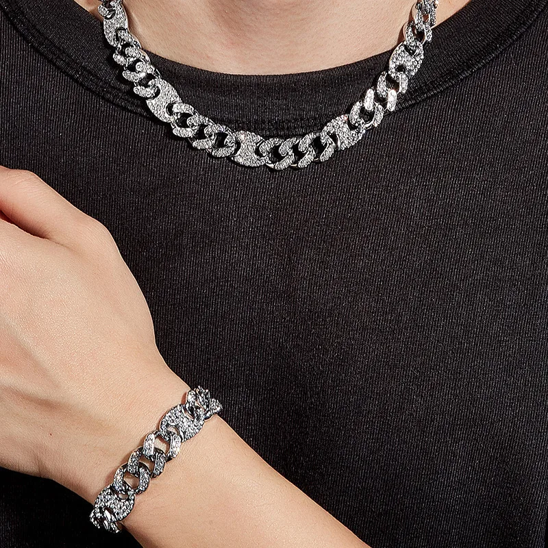 2Pcs Iced Out Spiked Cuban Link Chain Set 18mm Micro Pave 5A CZ Hip Hop Necklace Bracelet For Men Women Rapper Punk Jewelry