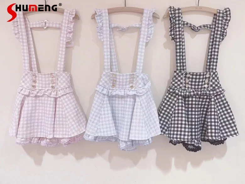 Japanese Style Suspender Skirt Spring Summer Women's Mini Skirt Houndstooth Printed Casual Sweet Cute Lace A Line Skirt