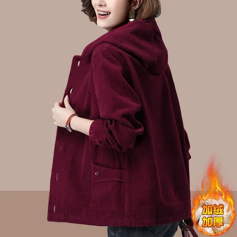 

Corduroy Jacket For Women 2023 Autumn New Add Velvet/No Velvet Casual Hooded Outwear Spring Middle-aged Mother Coats 3XL W2246