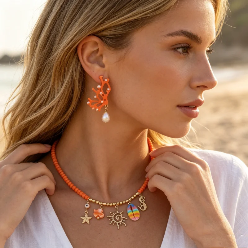 Bohemian Orange Coral Pearl Shell Earrings & Necklace Set