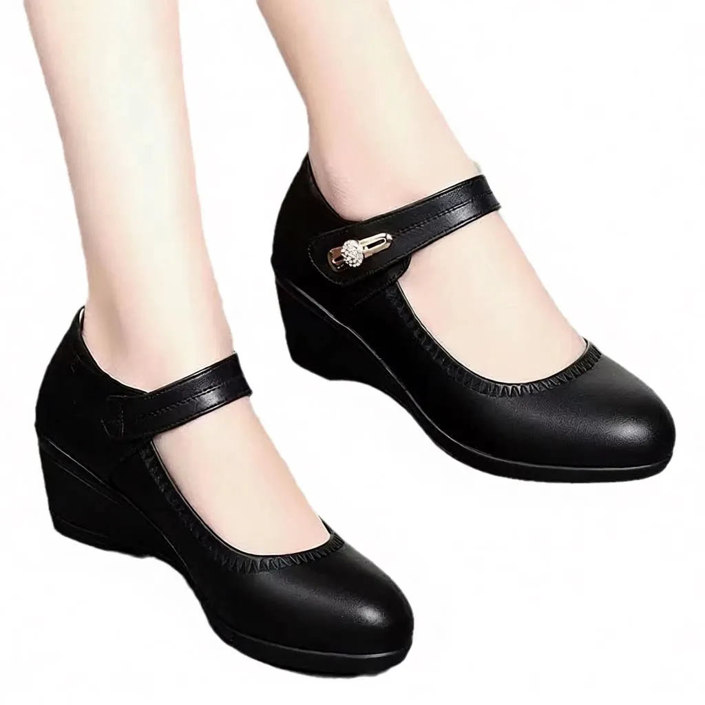 

Real Soft Leather Slip-On Mommy Shoes Spring Autumn New Style Anti-Slip Wedge Heel Middle-Aged And Elderly Single Shoes