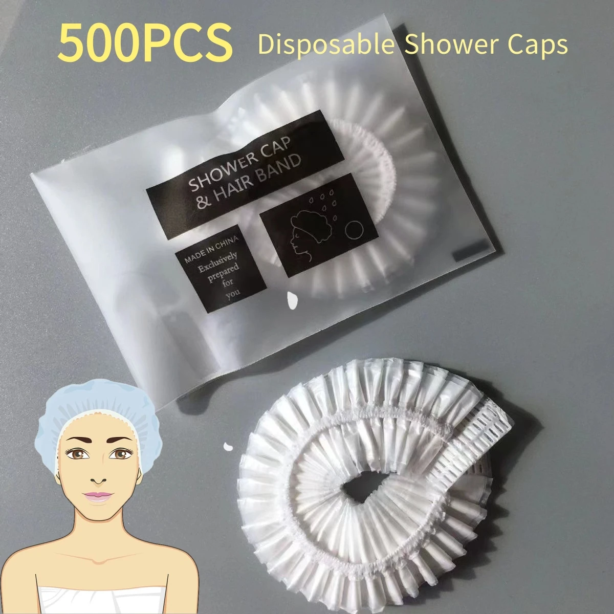 Bonnets de douche transparents en plastique pour femmes, bonnets de bain étanches, accessoires de voyage, hôtel, grande optique, poulet, 500 pièces