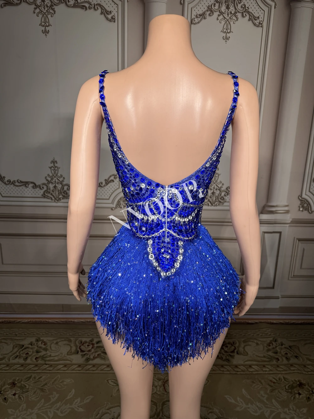 Sparkly Blue Rhinestones Tassels Bodysuit Women Sexy Show Performance Dance Costume Nightclub Outfit Singer Dancer Stage Wear