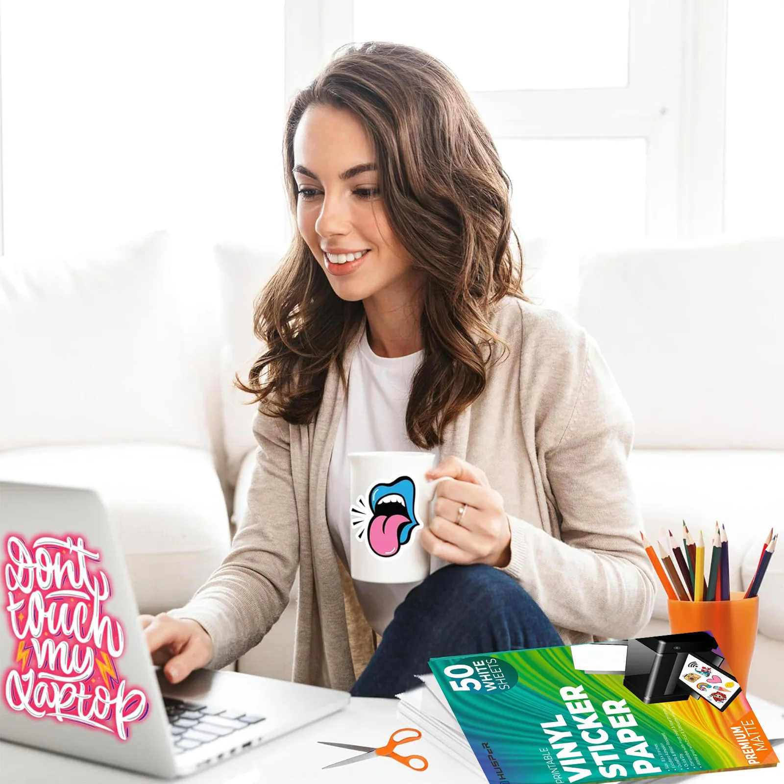 ورق لاصق فينيل ممتاز قابل للطباعة لطابعة نافثة للحبر والليزر - 50 ورق لاصق أبيض غير لامع مقاوم للماء