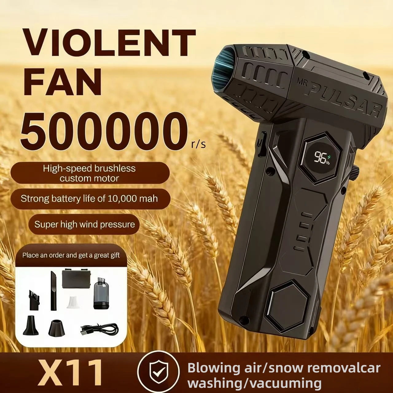 

X11Pro Турбоструйный вентилятор 500000 об/мин Бесщеточный двигатель Мощный воздуходувка Скорость ветра 75 м/с 10000 мАч Violent Turbo Fan Вакуумный комплект