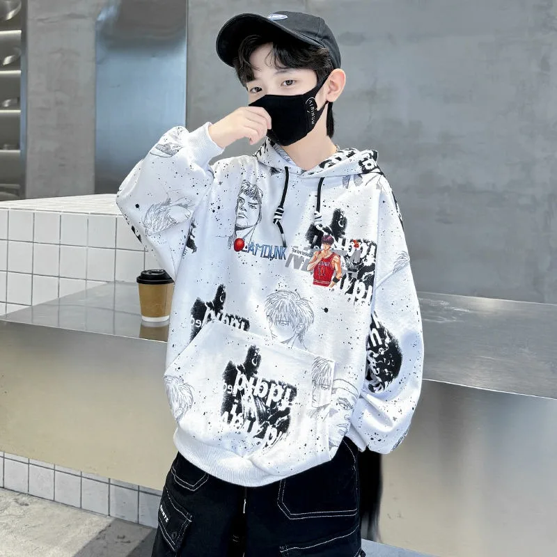 

Новинка 2023 года, свитшот с капюшоном и длинными рукавами для мальчиков среднего и большого размера, весна-осень — стильная модная привлекательная уличная одежда для детей