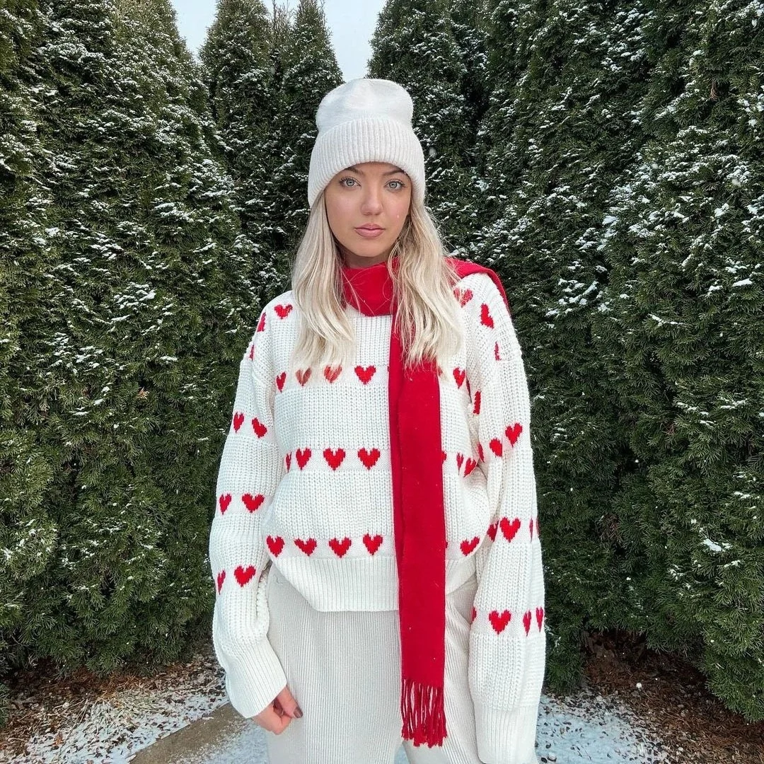 

Knitted Heart aped Sweater round Ne Long Sve Polyester Fiber Autumn Winter Love Pattern Knitwear Casual Commute Sle