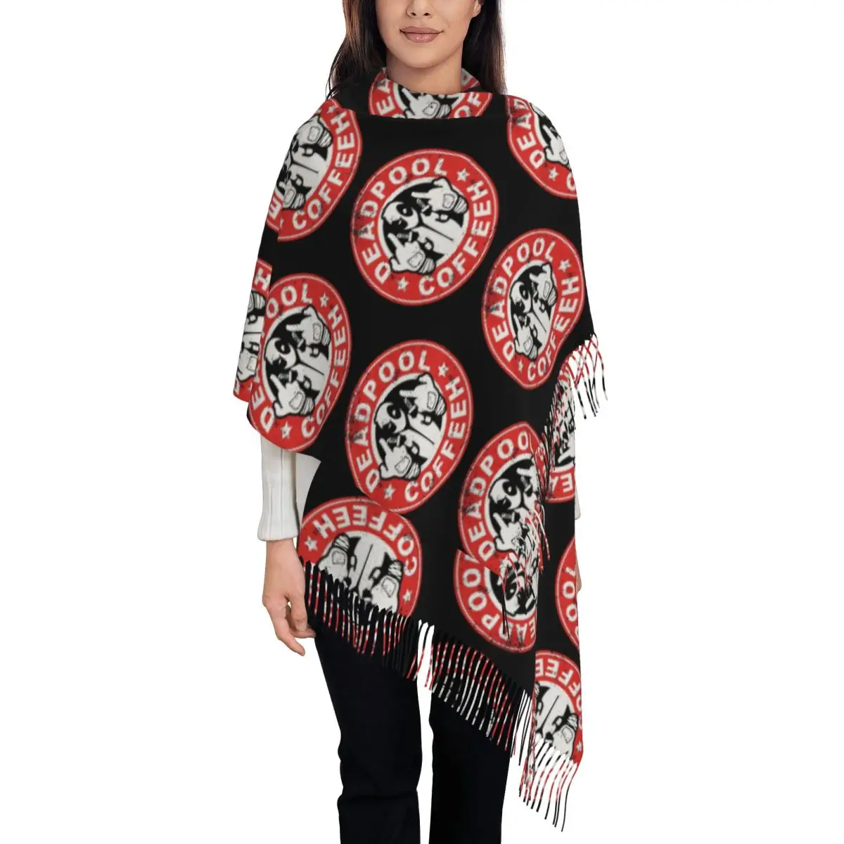 

Custom Luxury Deadpool Coffeeh Tassel Scarf Women Winter Warm Shawl Wrap Ladies Scarves