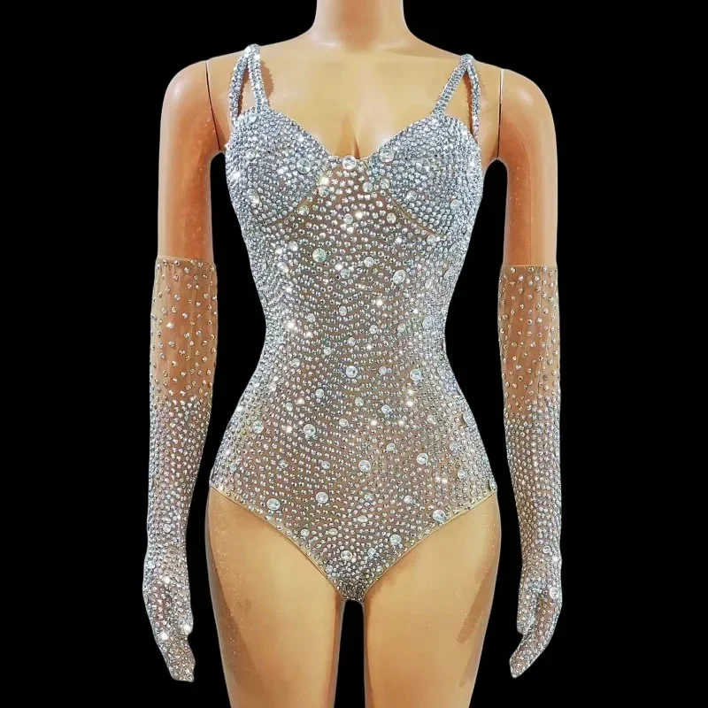 

Bodysuit Silver Crystal Gloves Women Singer Concert Rhinestones Mesh Dance Outfit Sexy Stage Wear Party Rave Performance Costume