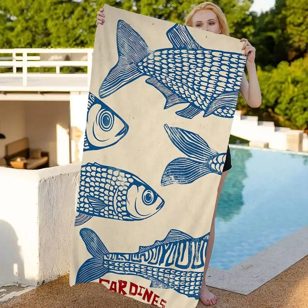 Plus Size Sardines Beach Towel Large Vintage Fish Bath Towel Quick Dry Sand Free Swimming Pool Travel Blanket Summer Vacation