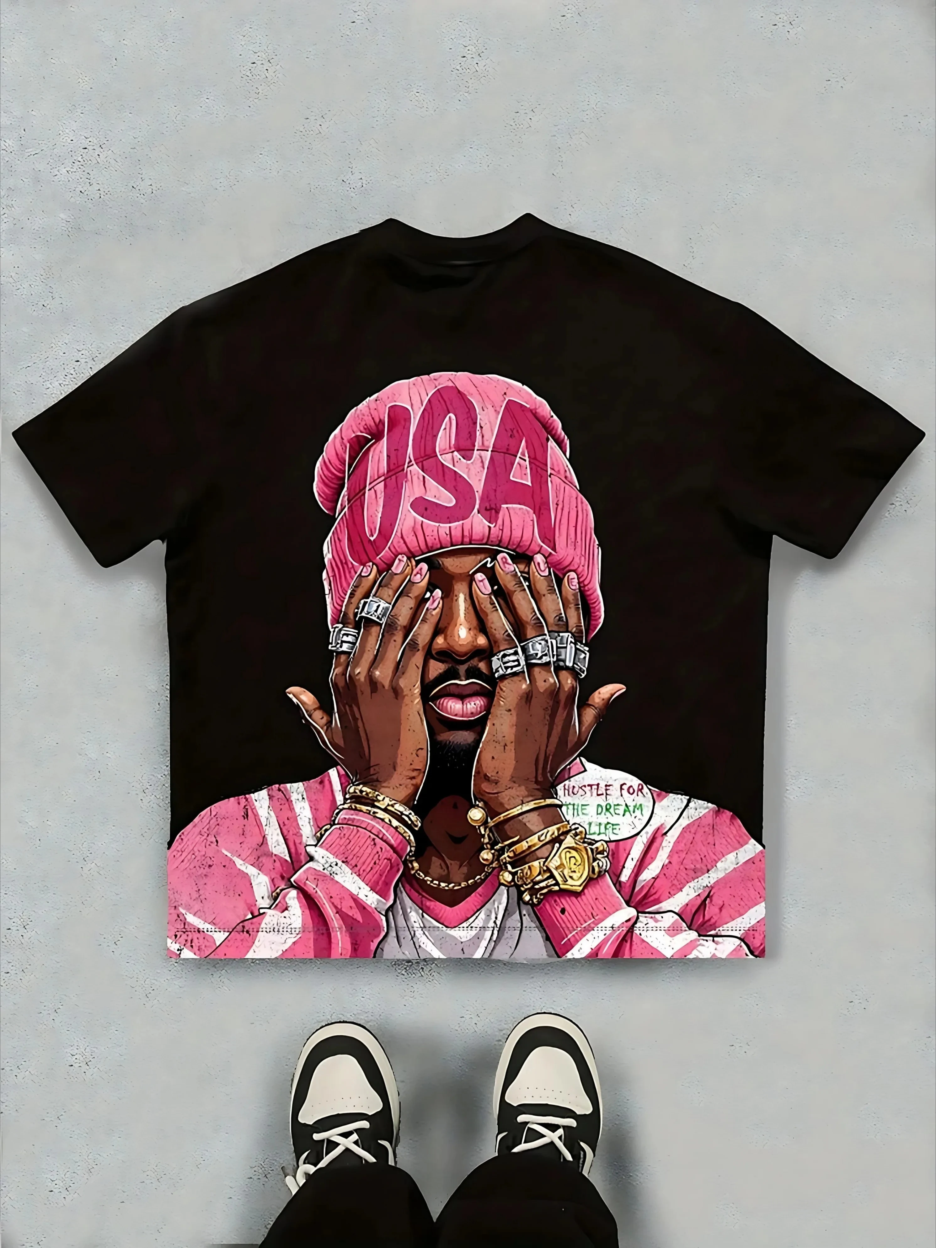 Hip Hop Figure American Style Beanie Graphic Print T‑Shirt Unisex Summer Streetwear Short Sleeve Loose Breathable Casual Top