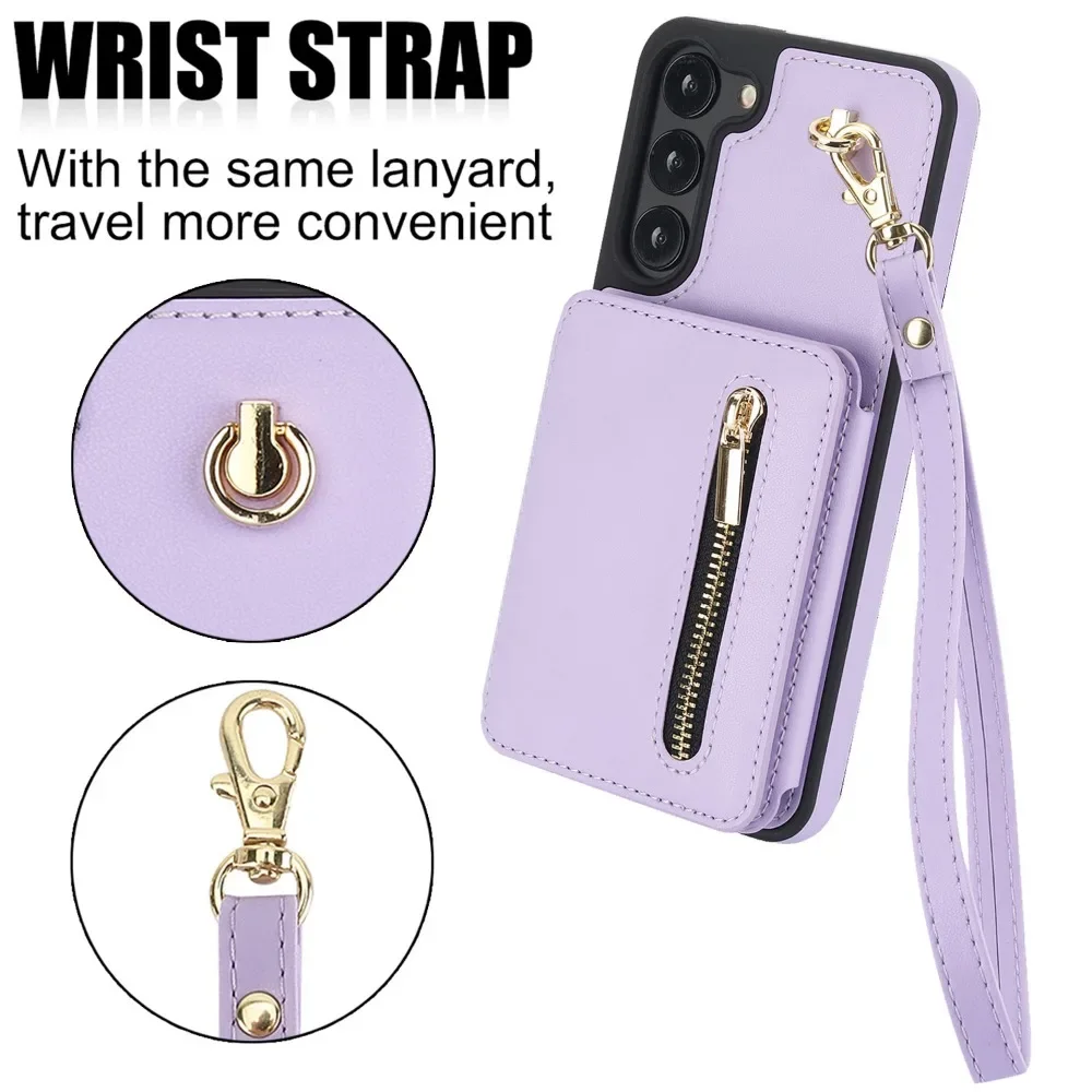 Zipper Card Slot Holder Walllet Crossbody Lanyard Phone Case For Samsung Galaxy S24 S23 S22 S21 Ultra Plus + Leather Cover