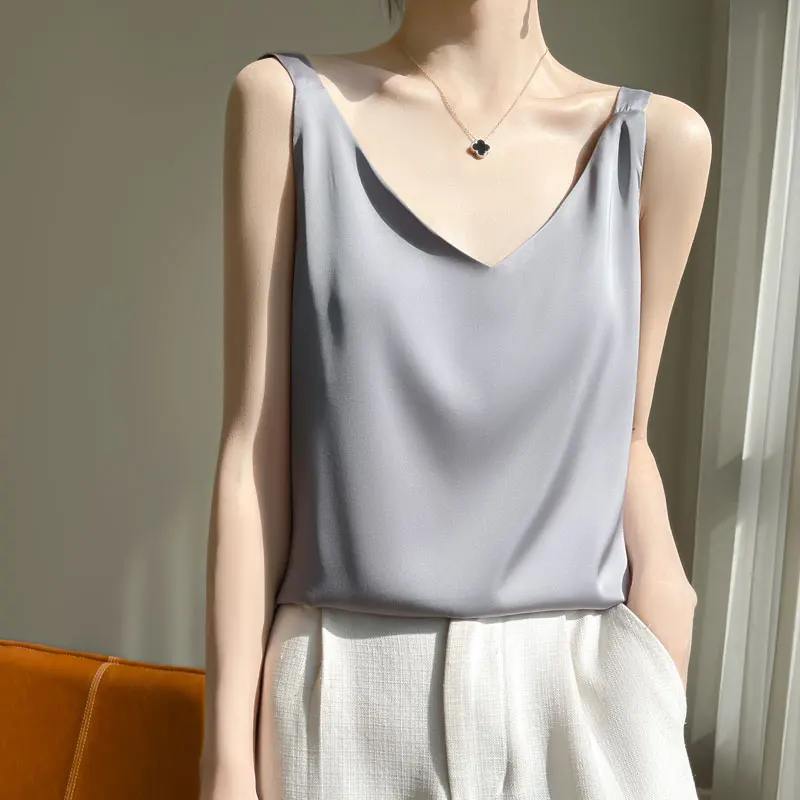 Summer Strap Top Women Halter V Neck Basic White Cami Sleeveless Satin Silk Tank Tops Women\'S Summer Camisole Slim Vest