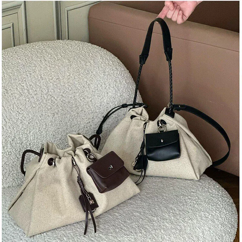 

New Fashion Drawstring Bucket Bags for Women Ruched Canvas Shoulder Bag Handbag 2 Bags Set Tote Half Moon Shopper Purses Female