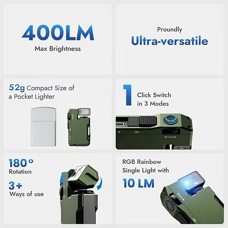 ABJO-фонарик, G5 Edc Light, перезаряжаемый 400 люмен, карманное магнитное основание, мини-высокие люмены, черный