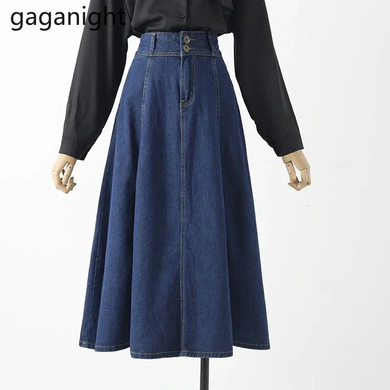 Gaganight Spring Midi Denim Skirt Women Chic Vintage Full Skirt Washed Denim Blue Jeans Plus Size Pocket Pure Female Skirts