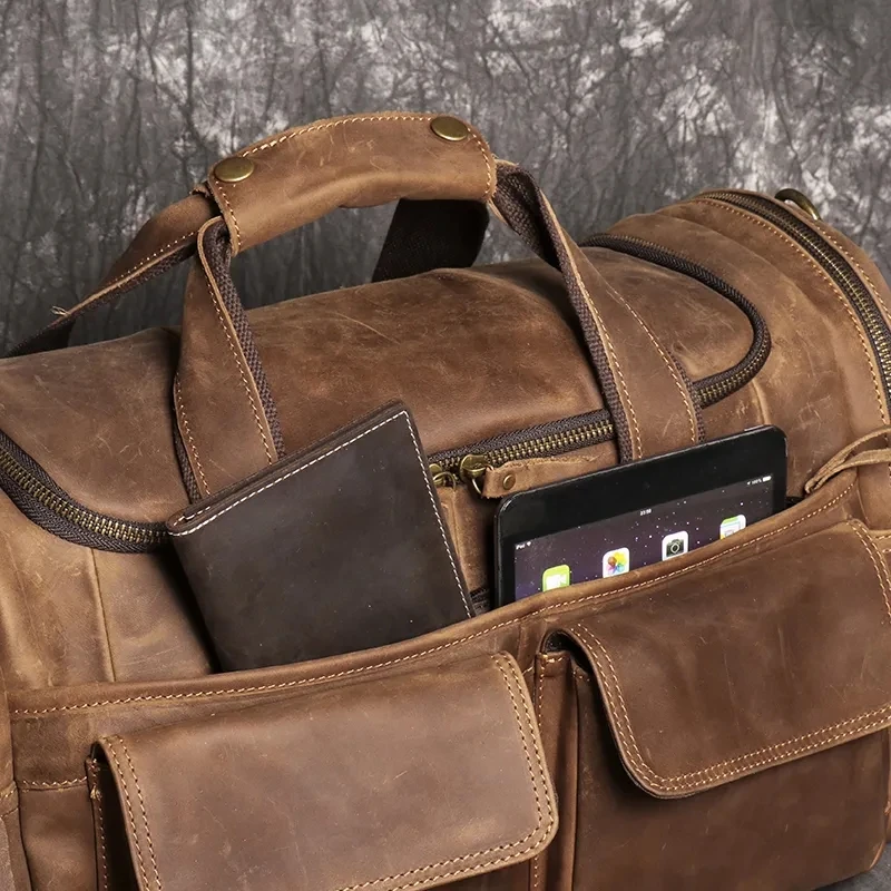 Bolsa de equipaje de mano marrón Retro para hombre, bolso de viaje de gran capacidad de cuero Crazy Horse, bolso de mensajero de un hombro para Fin