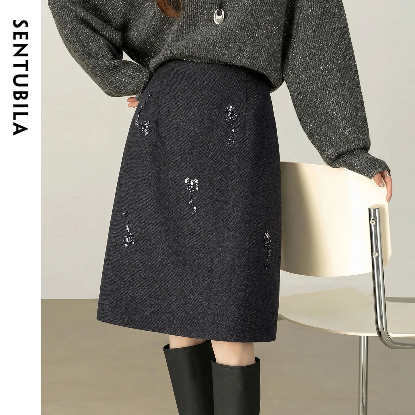 

SENTUBILA Women's Straight Skirt 2025 Office Lady Wool Blend Sequin Beading Mid Length Skirt Winter Clothing for Women 154QF6318