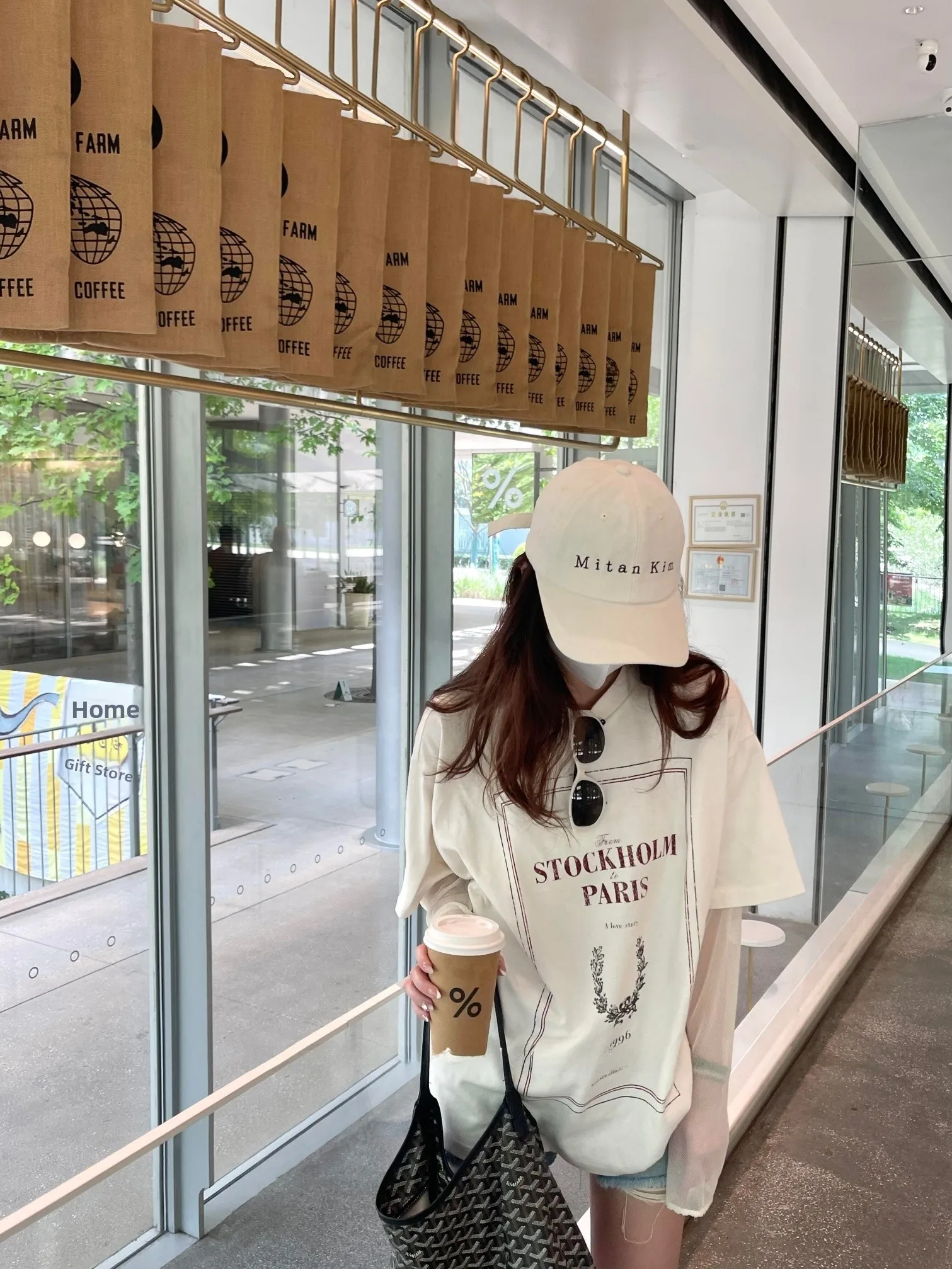 

Винтажная футболка Acwang с буквенным принтом Long Sve, женский лоскутный топ средней длины, удобная футболка свободного покроя из смеси хлопка