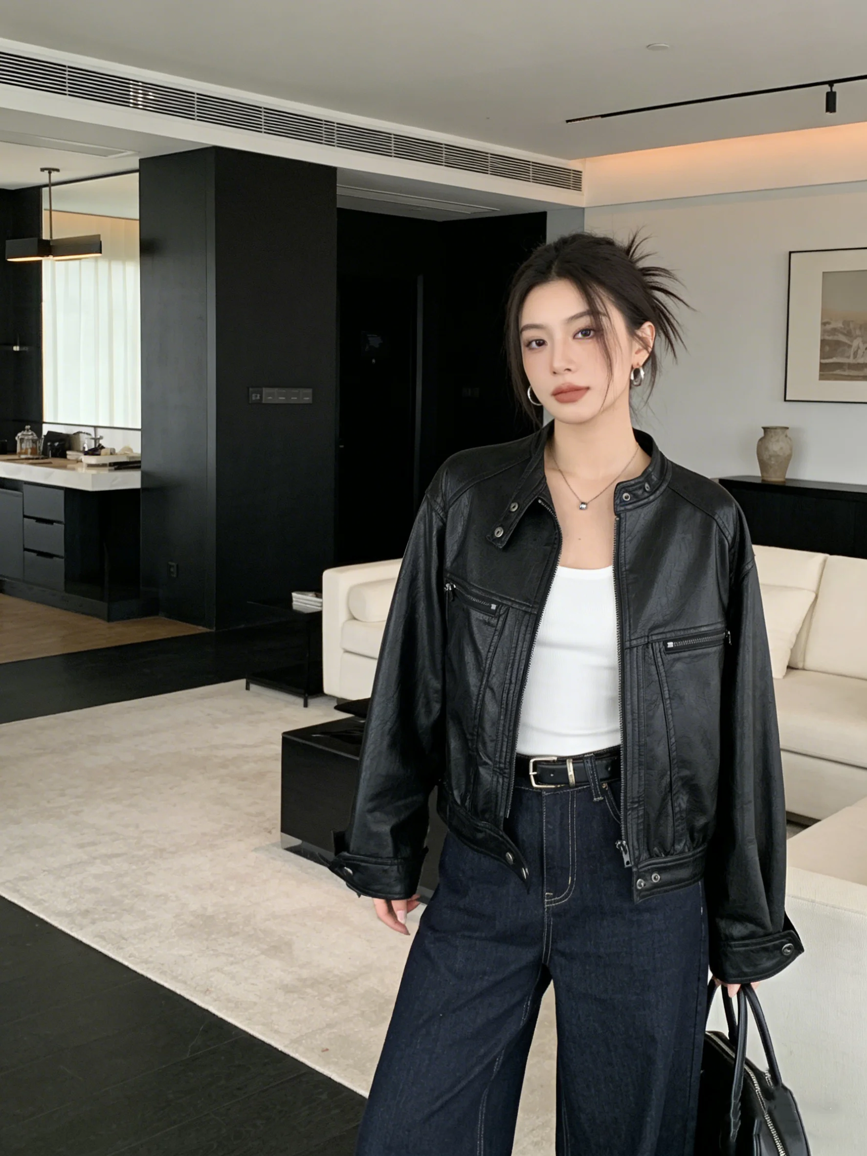 

Chic ort Biker Leather Jaet Zipper Design Sweet Cool Retro Sle Women's Faion Korean Spring 2026 Stand Fit Long Sve