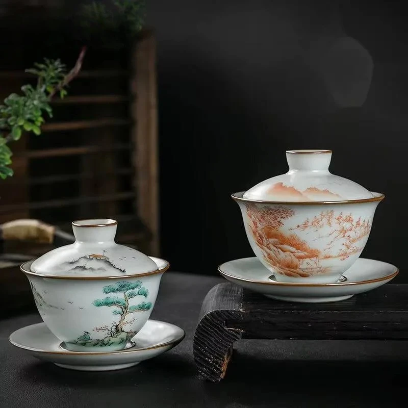 

170ml Ancient Hand-painted Landscape Gaiwan Handmade Ru Kiln Porcelain Bowls Tea Tureen Tea Maker Cover Bowl Teaset Decoration