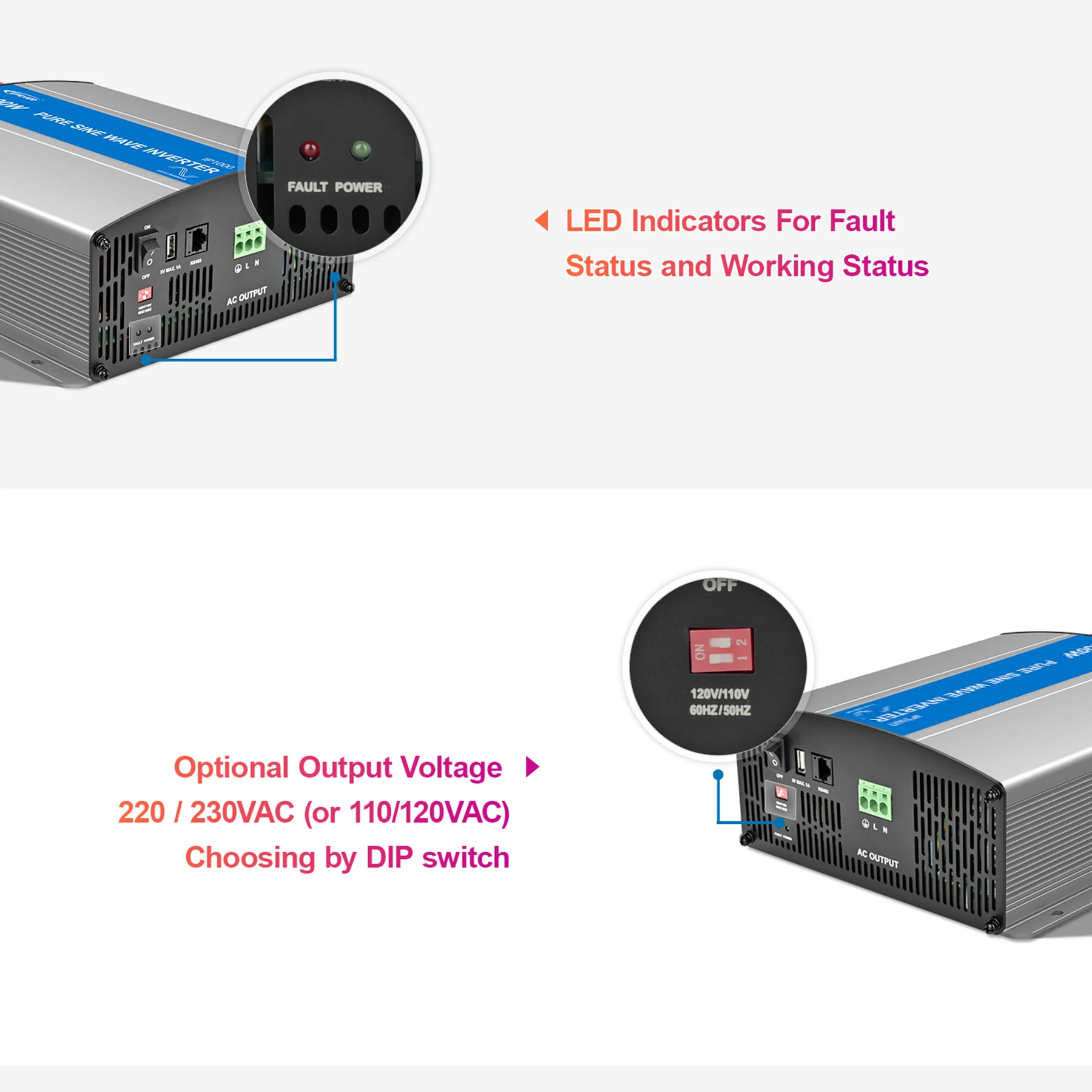 Inverter surya untuk sistem surya, Inverter gelombang sinus murni 220V 350W 500W 1000W 1500W