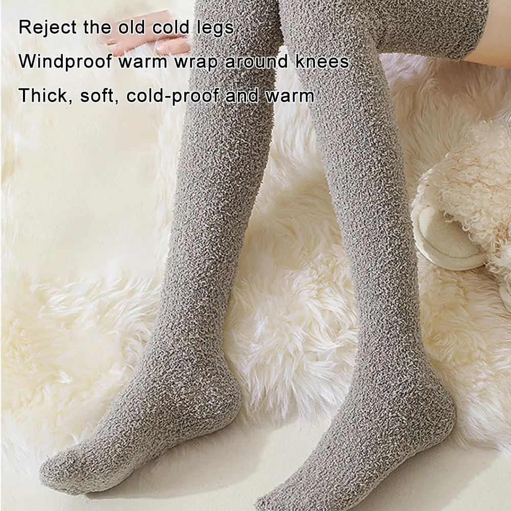 Women's Socks Coral Fleece Over Knee Stockings Winter Solid Thicken Warm Thigh Long Socks Plush Thermal Home Floor Sleep Socks