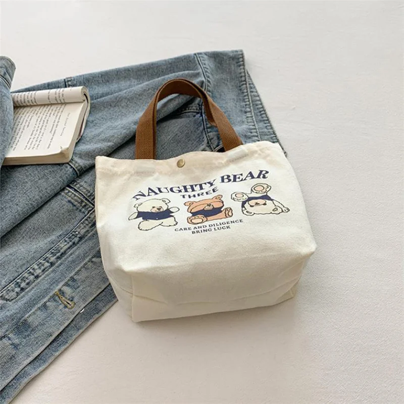 Sac fourre-tout réutilisable à motif de dessin animé trois petits ours, sac à main en toile de grande capacité, sac à lunch Bento