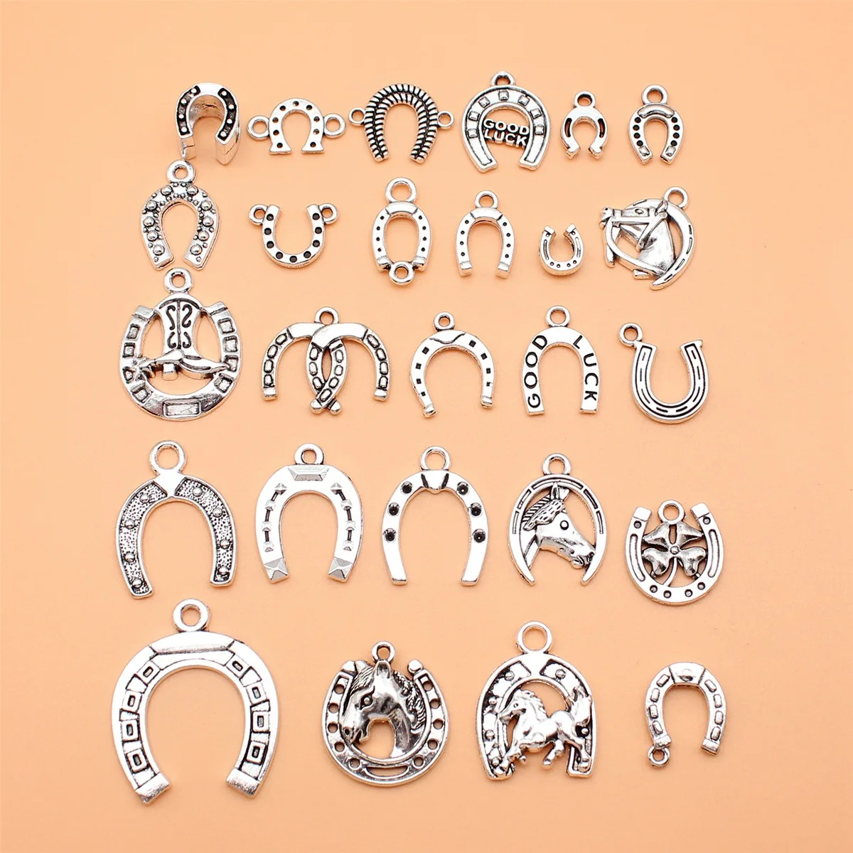 26pcs Antique Silver Color Lucky Horseshoes Charms Collection For DIY Jewelry Making, 26 Styles, 1 of Each