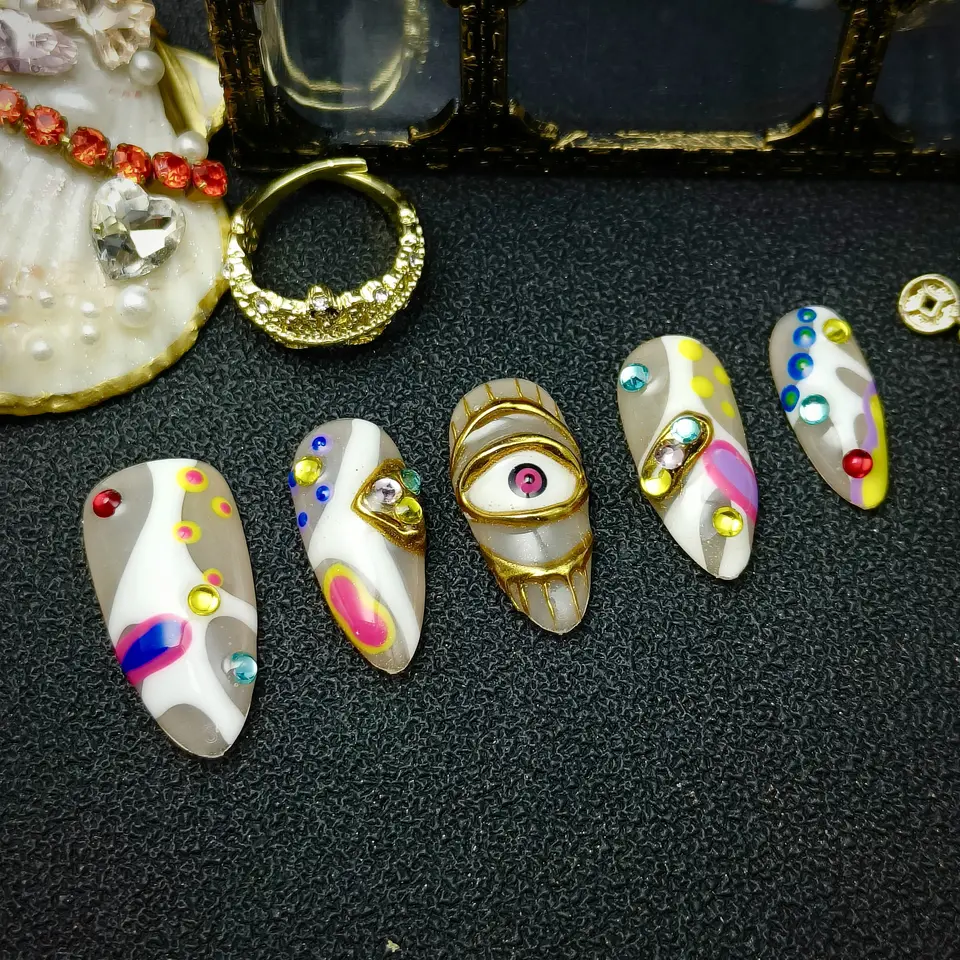 10 piezas uñas postizas de lujo vintage francesas - acrílicas almendra hechas a mano con arte abstracto dorado, caras 3D y lunares coloridos 3