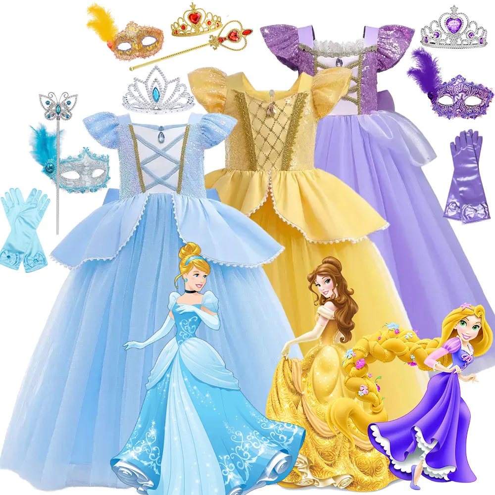 

Girls Cinderella Ball Gown Summer Rapunzel Dress Disneyland Trip Cosplay Beauty and Beast Belle Costume Halloween Princess Frock