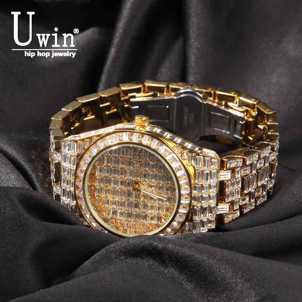 Uwin Square Zircon Watches  Baguette Stone Full Iced Out Big Dial Watches Pink Black Stainless Steel Luxury Rhinestones Quartz