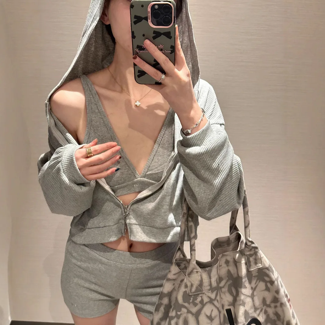 3 Piece Sets Women Grey Knit Sports Clothes Sets Daily Sweatshirt Lady Casual Yoga and Running Shorts Vest Jacket Set