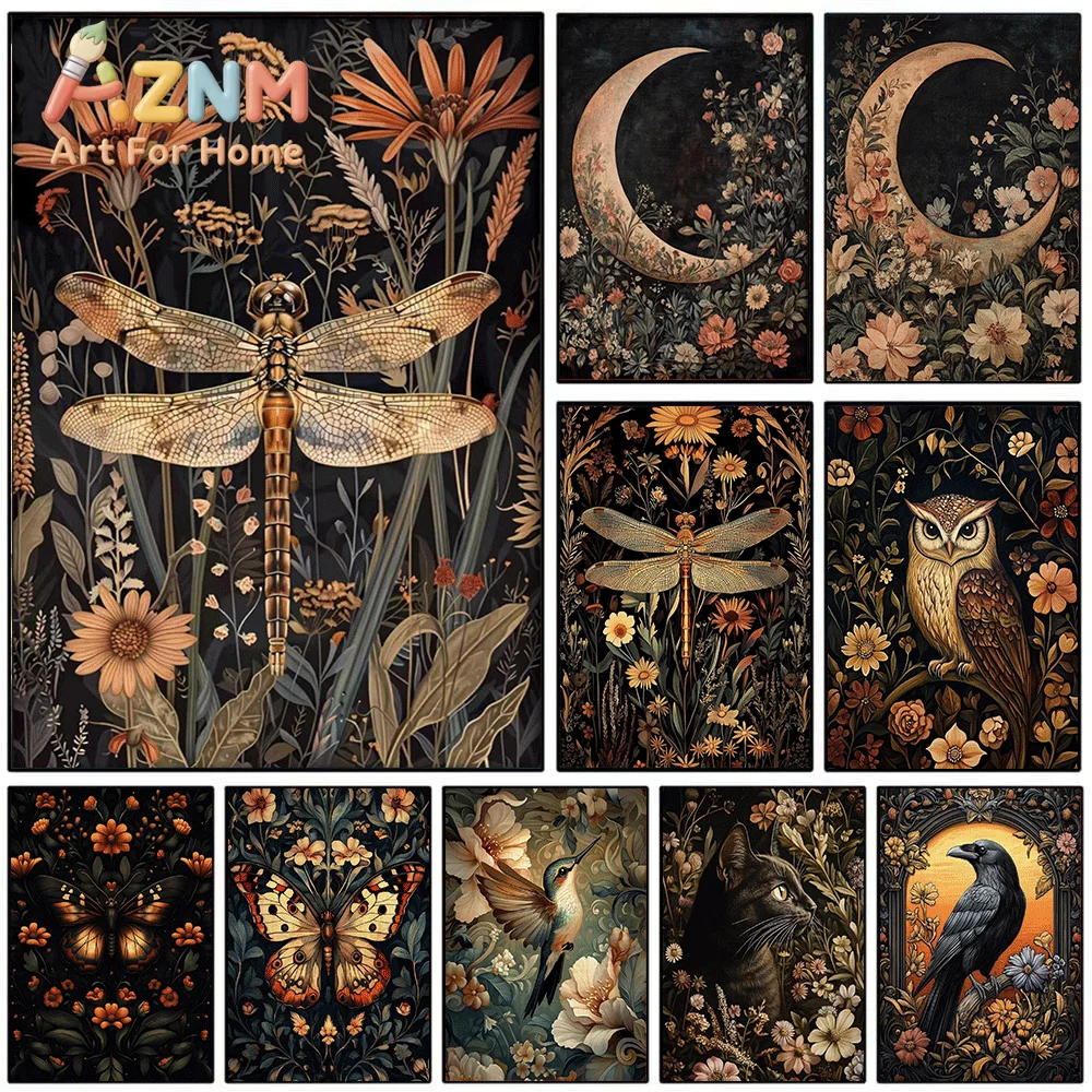 Dark Academia Floral Animal Canvas Print, Vintage Moon Wildflower Art Poster, Frameless Canvas Wall Picture for Bedroom Home I