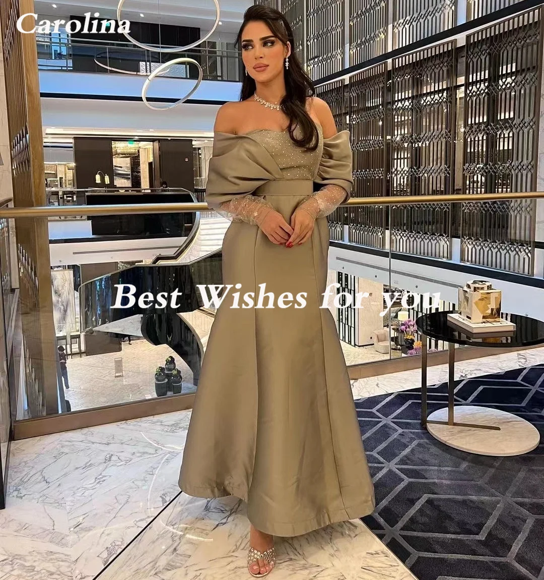 Carolina Dubai Women Evening Dresses Off Shoulder Sweetheart Prom Dresses Long Sleeves Zipper Back Mermaid Party Formal Gowns