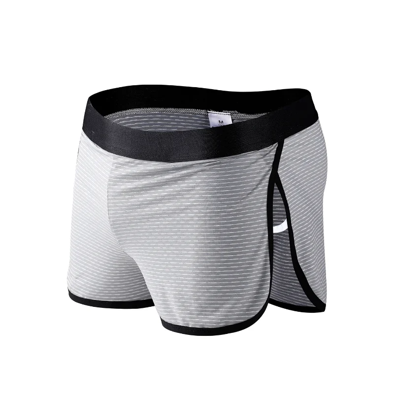 

Men Ice Silk Boxer Summer Breathable Striped Shorts Silky Stretch Underwear Loose Home Side Open Jockstraps Cuecas Arrow Trunks