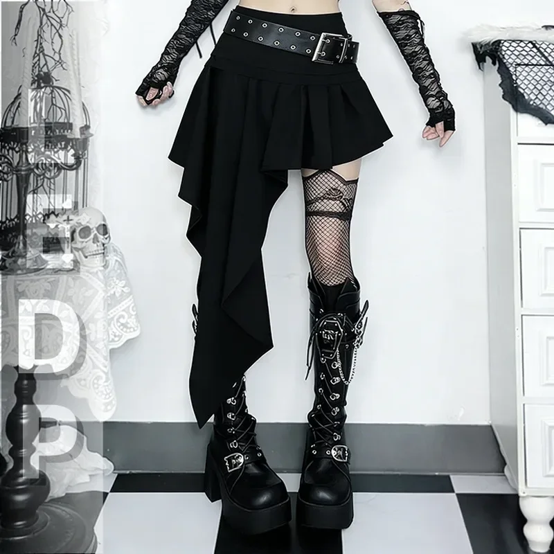 IMU Pure Color Irregular Hem Mini Skirts Y2K Sreetwear Punk Bottoms Women Mall Gothic Belt Zip Pleated Short Skirt Casual