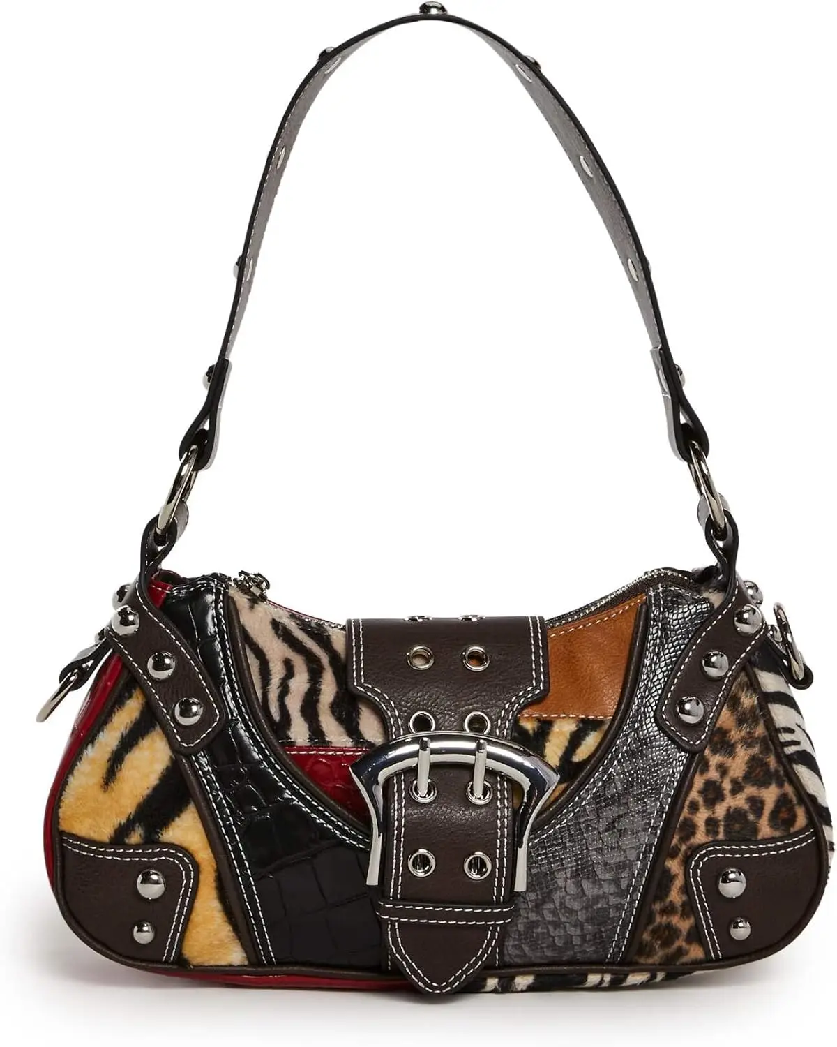 

Vegan Leather Patchwork Bag with Faux Fur Animal Prints, Studs & D-Ring Hardware