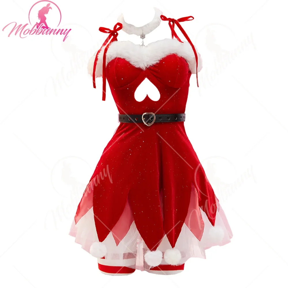 

MOBBUNNY Women's Christmas Elf Sexy Cosplay Set Plush Red and White Irregular Dress with Hat and Underskirt Cosplay Costumes