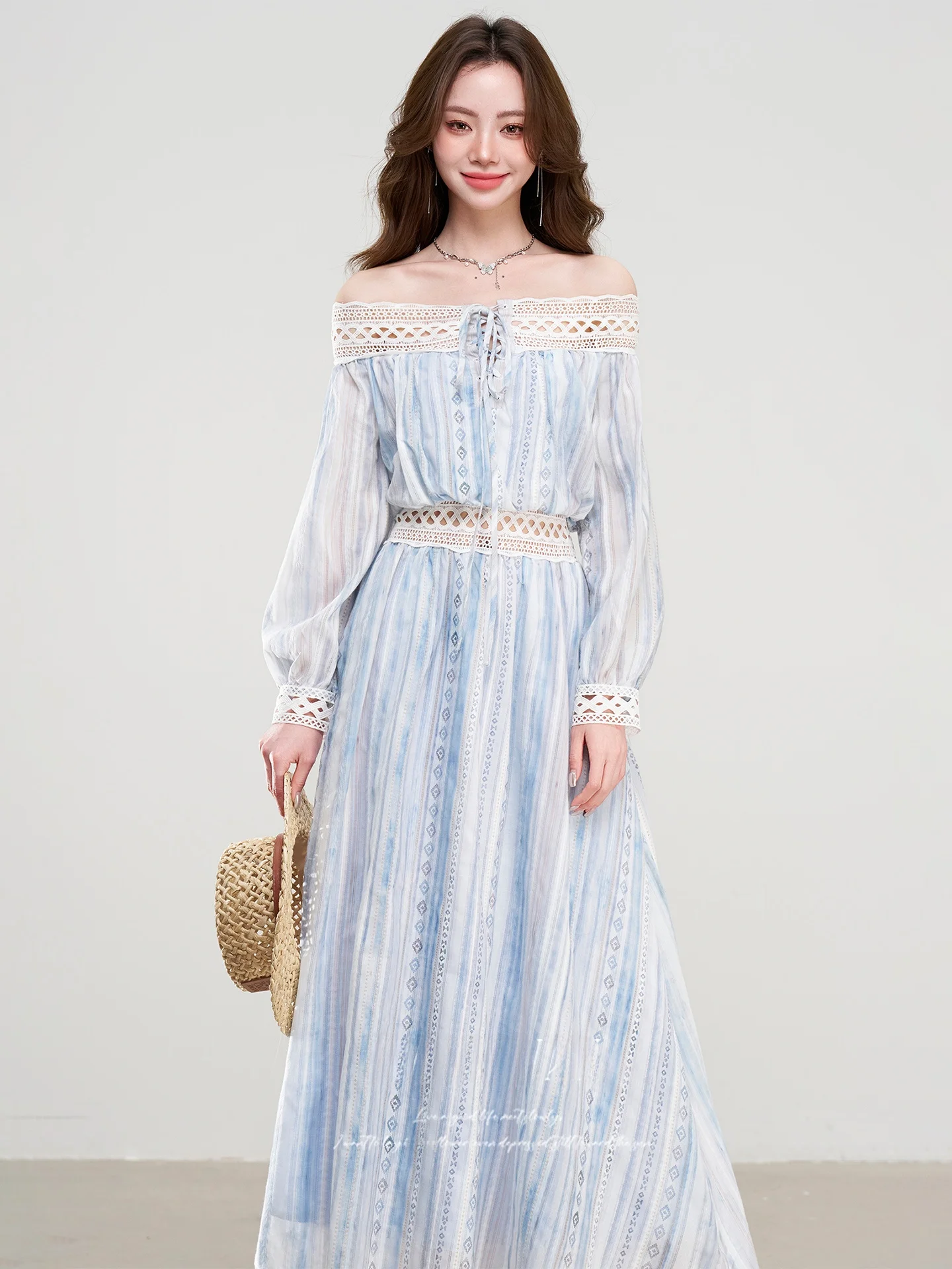 

Spring New Arrival Women's High Waist One oulder Hollow out Design Dr French Sle Long Sve A-Line Skirt Dr