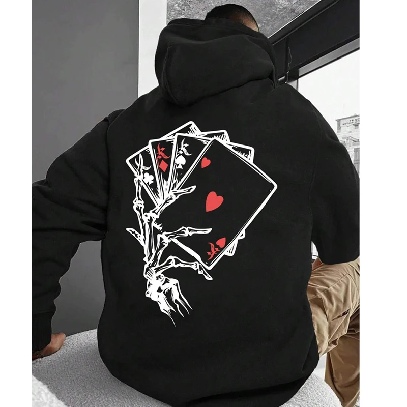 Playing Card Printing Hoodie For Men Kangaroo Pocket Drawstring Pullovers Loose Fleece Warm Sweatshirts Autumn Casual Clothes