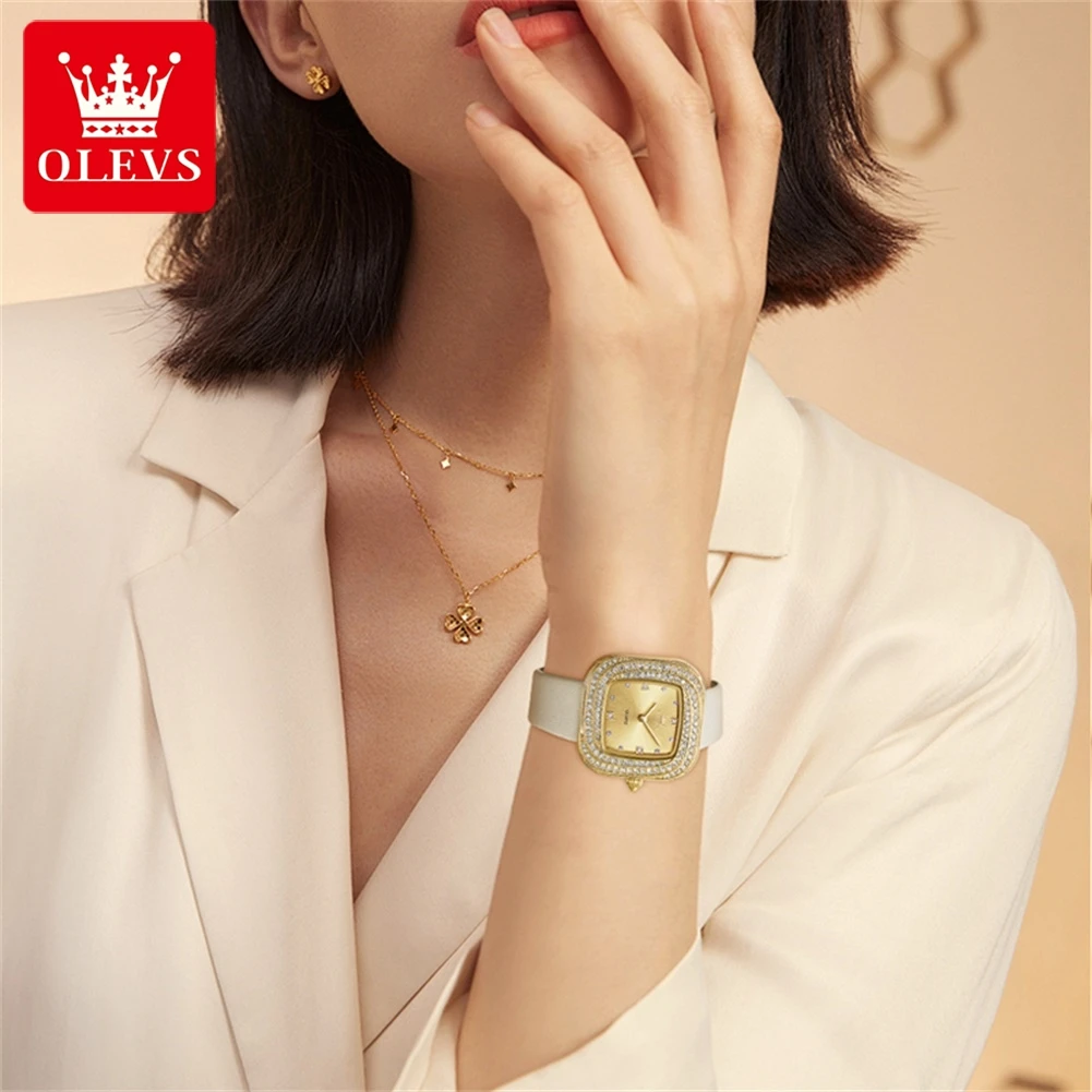 OLEVS 5512, брендовые женские кварцевые часы с квадратным корпусом и бриллиантами, повседневные часы, водонепроницаемые часы с кожаным ремешком, элегантные женские наручные часы