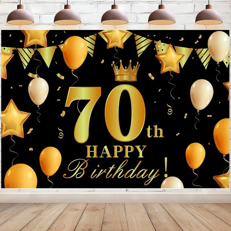 

Happy 70th Birthday Backdrop Banner 70 Years Old Black Gold Background for Photography Party Decoration Photo Booth Props